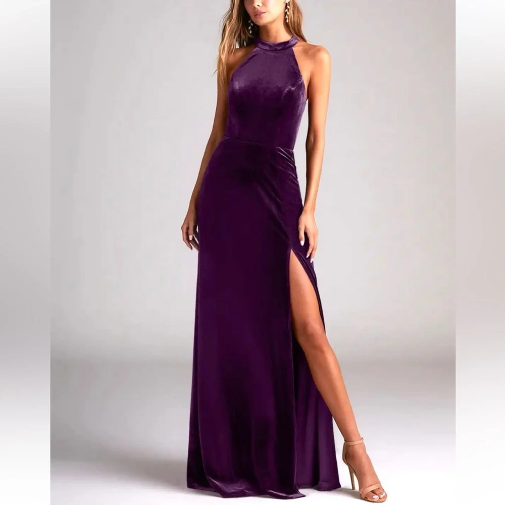 Azazie Larice Grape Aline High Neck Velvet Dress Plus Size 22 New